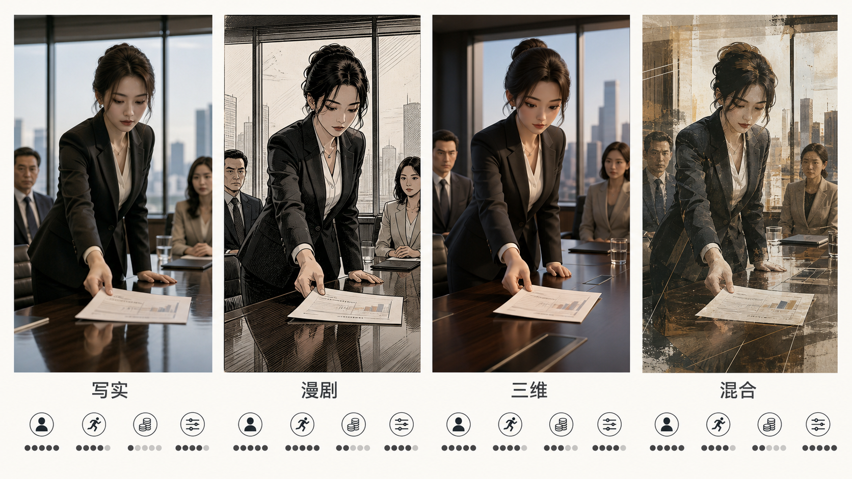 图 17-1 同一场戏的写实、漫剧、三维与混合路线