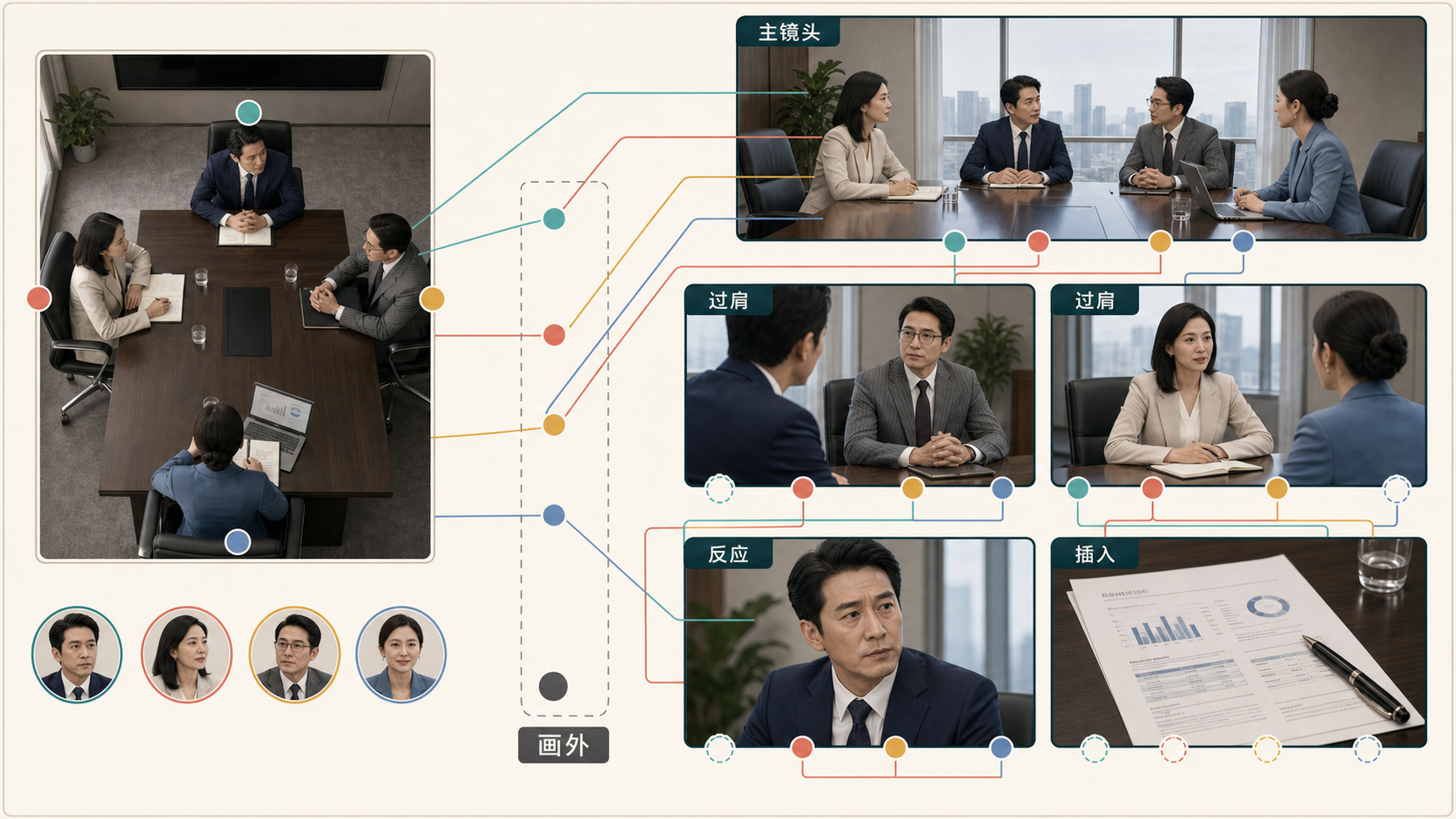 图 26-1 四人物场景的席位、身份槽与覆盖镜头