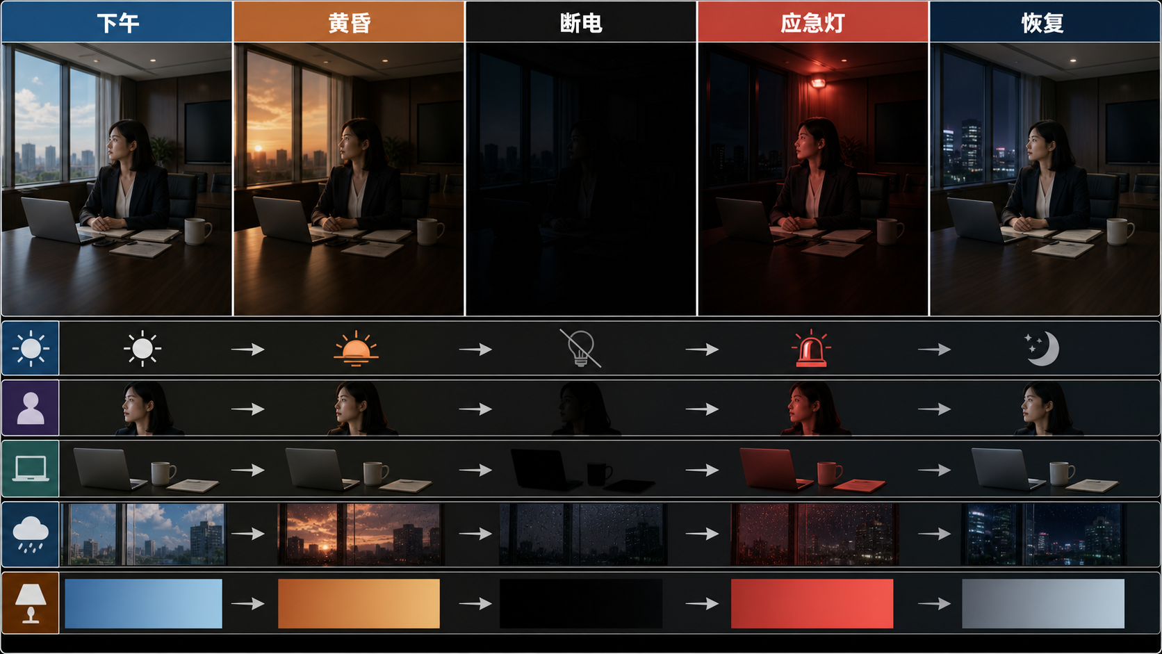 图 27-1 同一地点的下午、黄昏、断电、应急灯与恢复