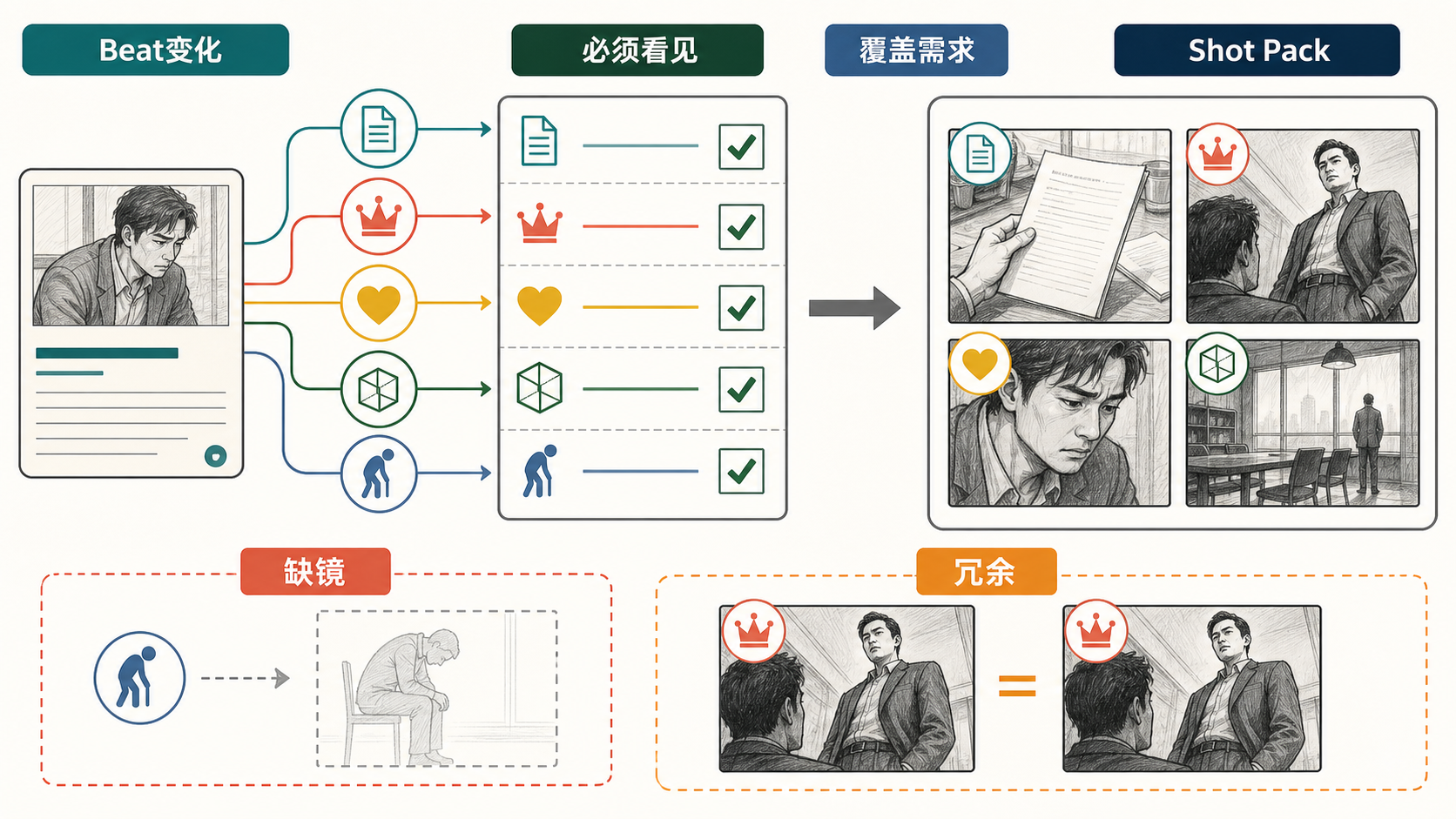 图 29-1 Beat 变化如何编译为覆盖需求、Shot Pack、缺镜与冗余