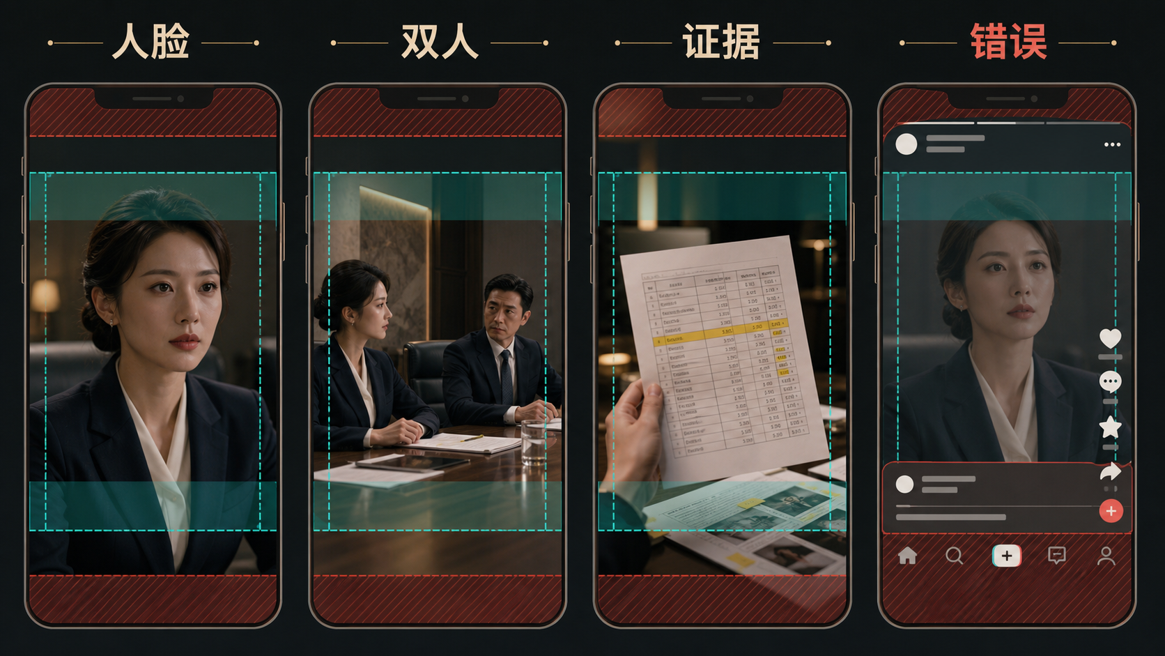 图 30-1 竖屏中的人脸、双人关系、证据和错误示例