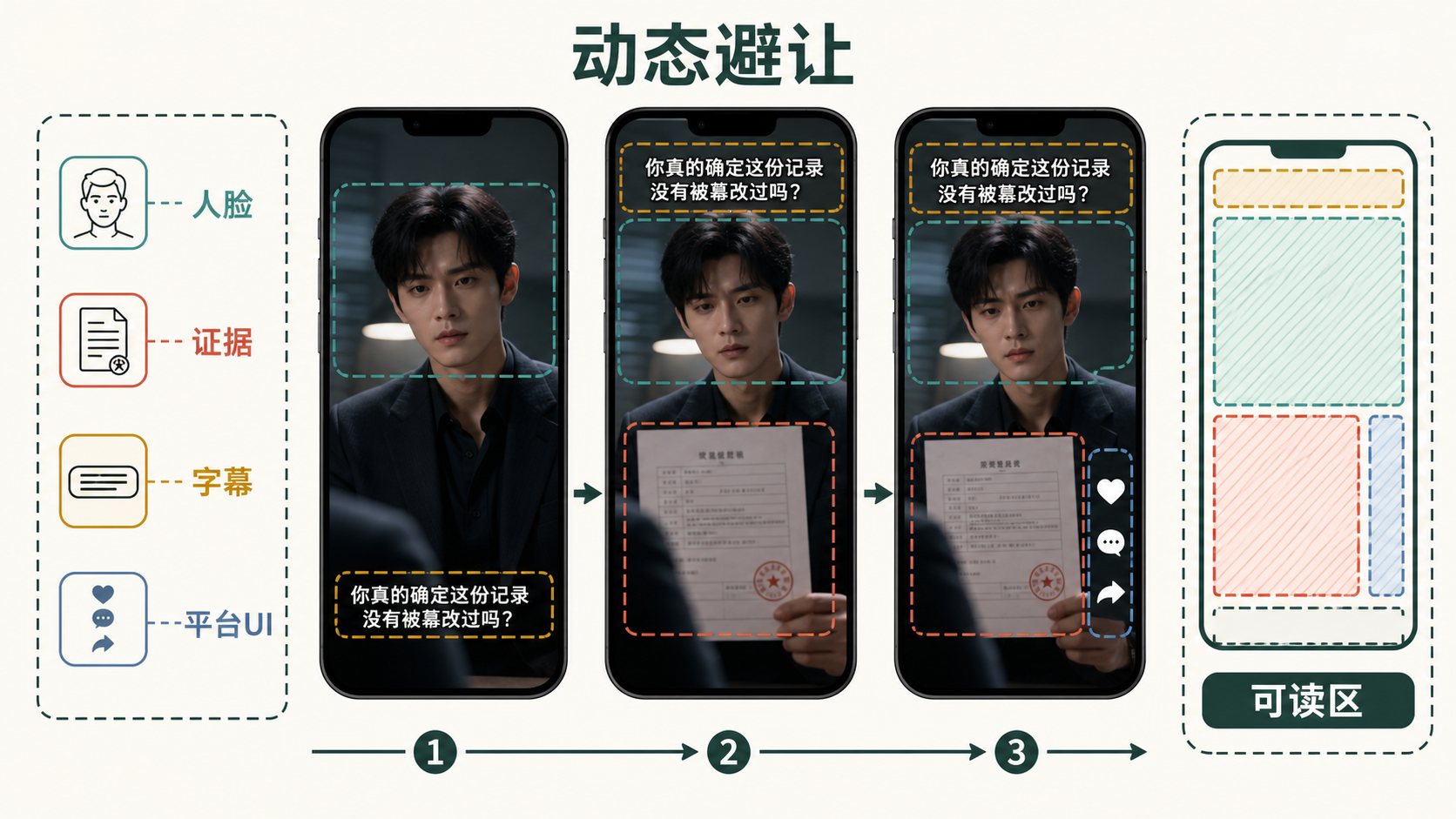图 49-1 人脸、证据和平台 UI 变化时的字幕动态避让