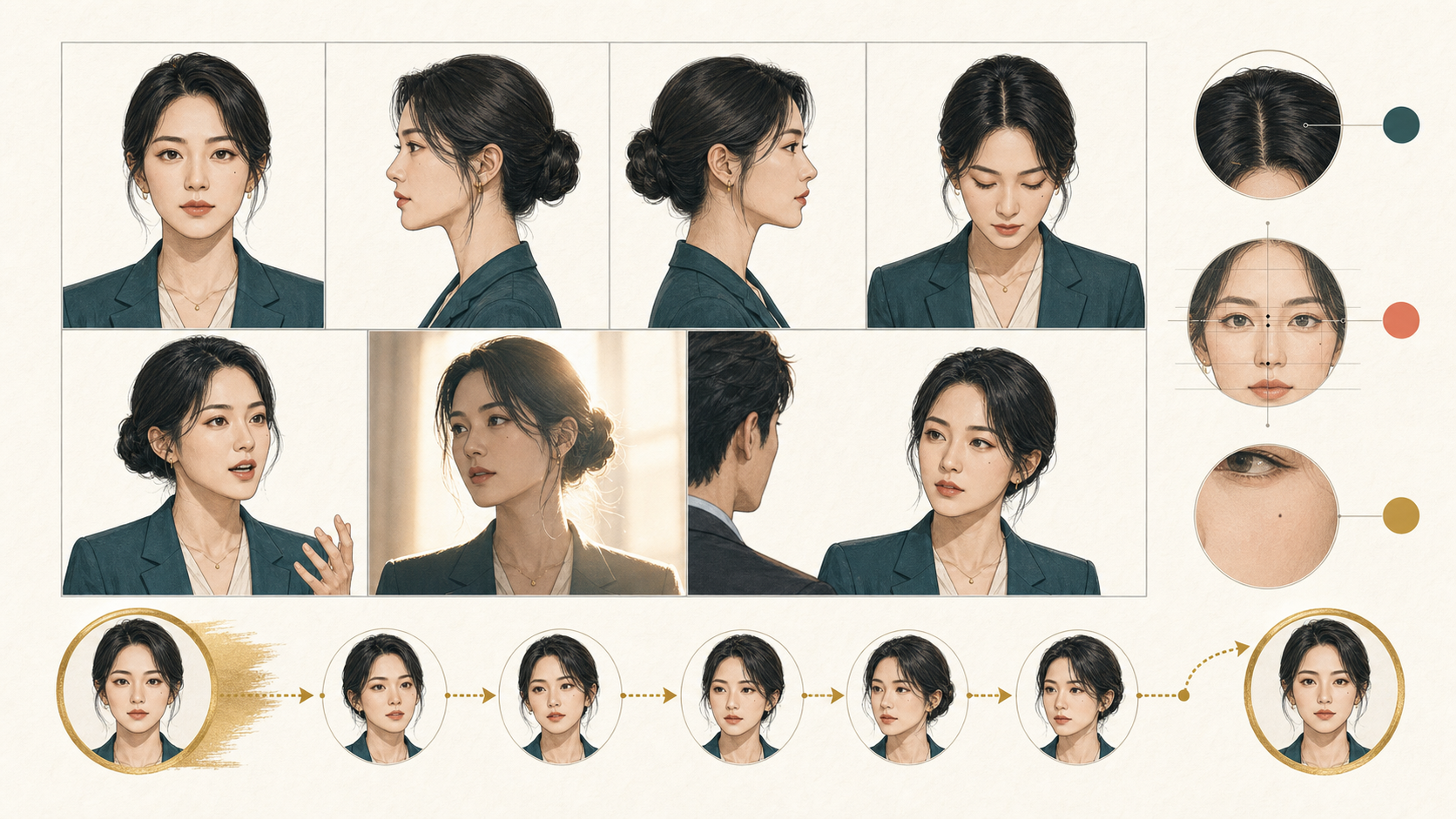 同一角色在侧脸、低头、说话、背光和多人遮挡条件下接受压力测试并回到黄金身份锚点